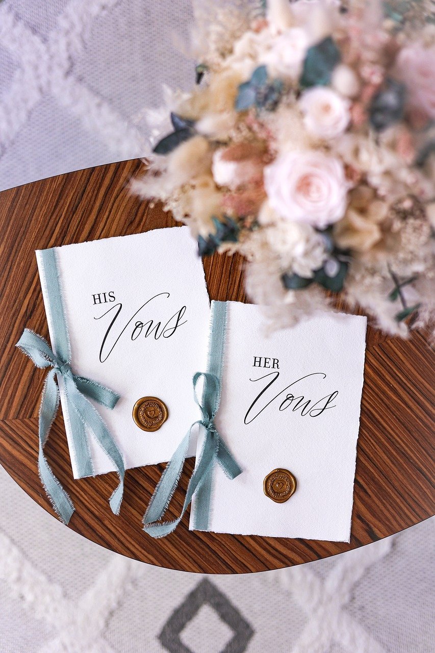 marriage vows, vows, wedding, wedding inspiration, international wedding, wedding ideas, wedding stationery, wedding mockup, wedding decoration, mint green, wedding colors, sealing wax, seal, silk ribbon, grind, modern wedding